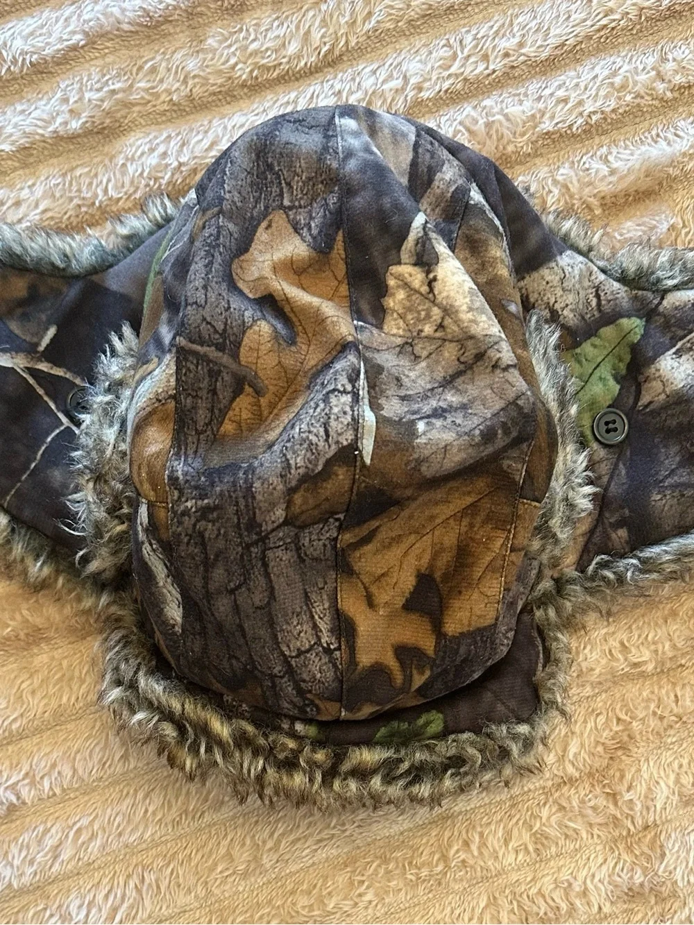 Kids Camo Trapper Hat with Faux Fur Lining - Olive Camo